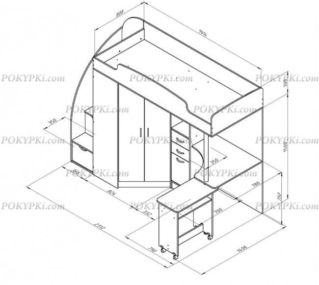 Кровать чердак с рабочей зоной и шкафом Теремок 1
