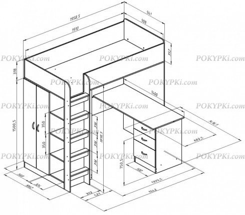 Кровать-чердак с рабочей зоной и шкафом Теремок 3