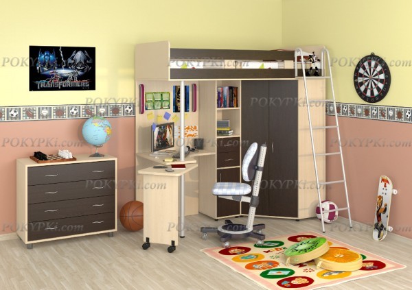 Кровать-чердак с рабочей зоной и шкафом Теремок М-85