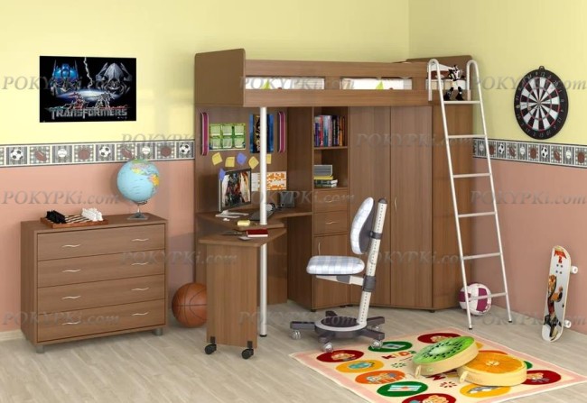 Кровать-чердак с рабочей зоной и шкафом Теремок М-85