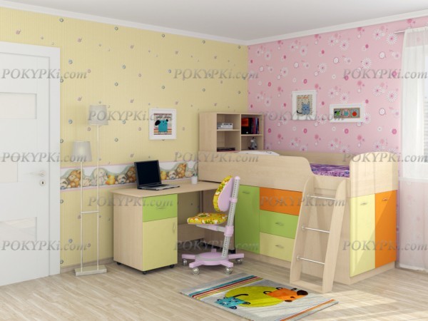 Кровать чердак с письменным столом и шкафом Дюймовочка 1