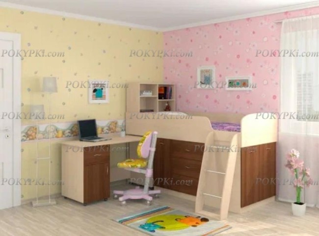 Кровать чердак с письменным столом и шкафом Дюймовочка 1