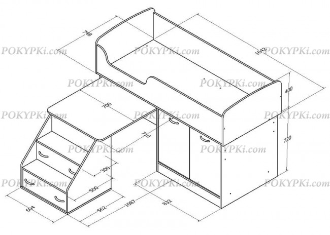Кровать чердак с рабочей зоной и шкафом Дюймовочка 2